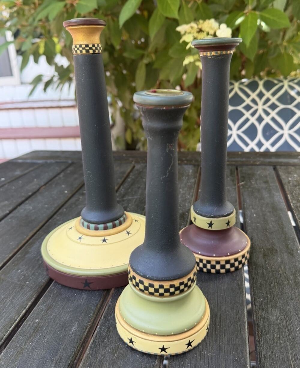 Vintage SET OF 3 Folk Art Candlestick Hiolders Williraye Studio Hand Painted